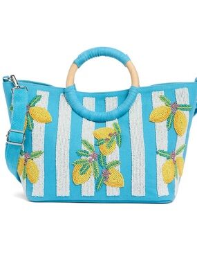 🍋Light Blue Striped Tote with Lemon 
Beaded Embroidery